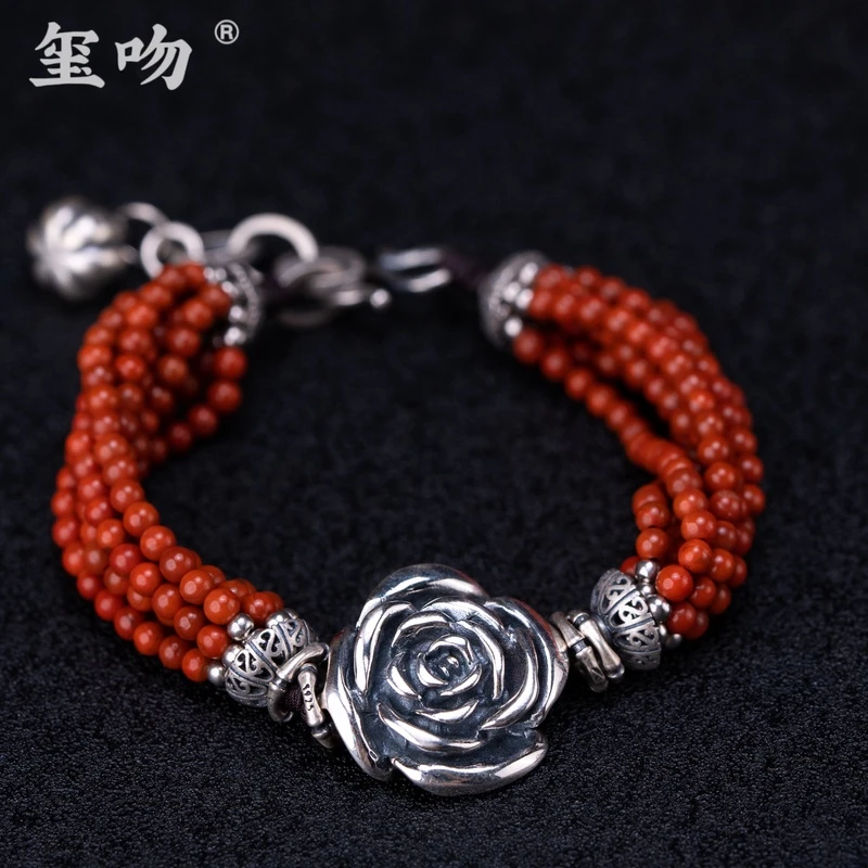 【玺吻】s925 手工编织 鸿运当头南红玫瑰花手链宫铃捕梦网（约22cm）