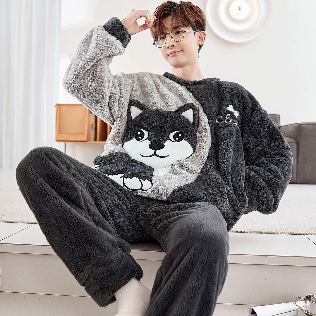 2025新款冬季男士睡衣加厚加绒珊瑚绒法兰绒宽松加大码青少年套装