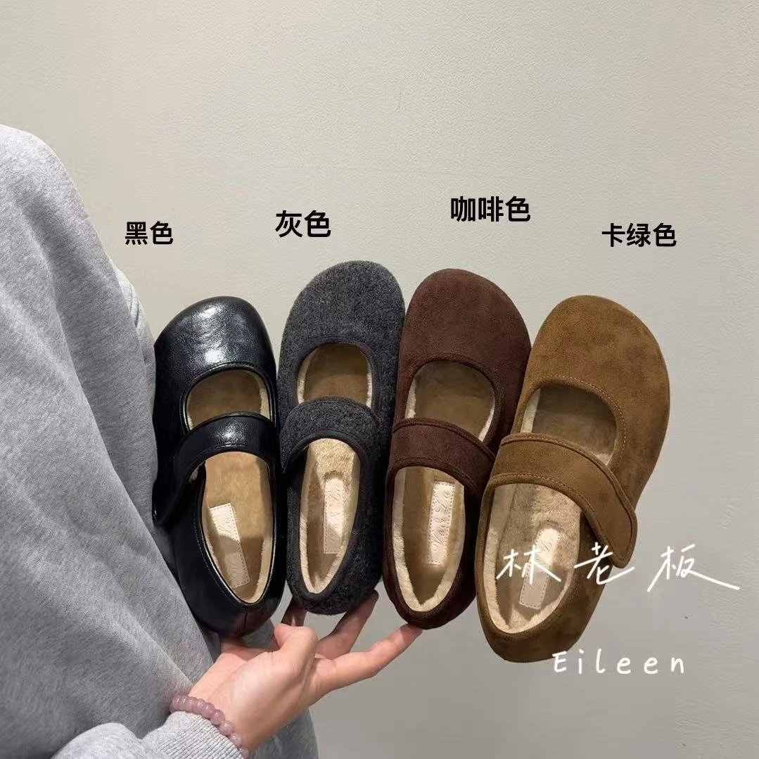 韩版冬季新款加绒加厚毛毛浅口平底魔术贴玛丽珍女鞋复古软底勃肯