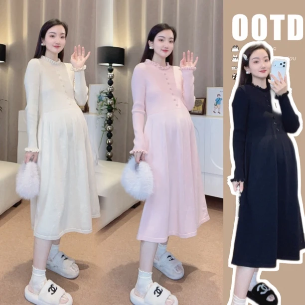 【橙子】孕妇冬季加厚显瘦穿搭孕妇装2025新款秋冬连衣裙针织娃娃裙