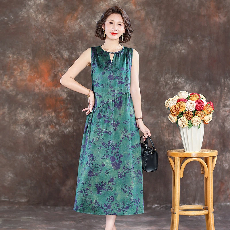 齐黛年轻款香云纱连衣裙女2025春夏新款真丝无袖背心裙桑蚕丝裙子