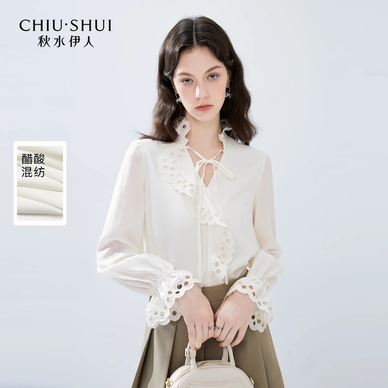 秋水伊人不规则设计感V领雪纺衫年秋季新款女装长袖内搭上衣