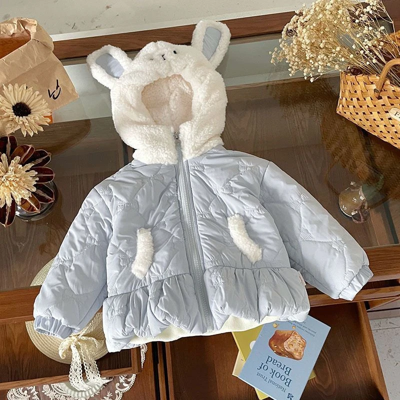女童加绒外套2025秋季新款兔耳连帽保暖棉服外套秋冬穿搭
