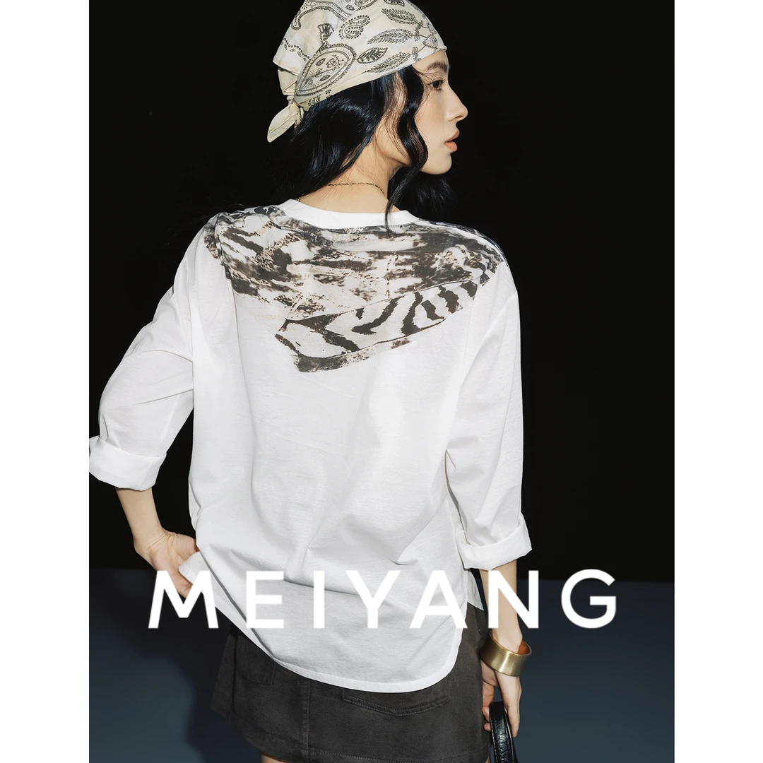 A美洋MEIYANG披肩T二号【商场同款】松弛感宣纸肌理假两件圆领长袖