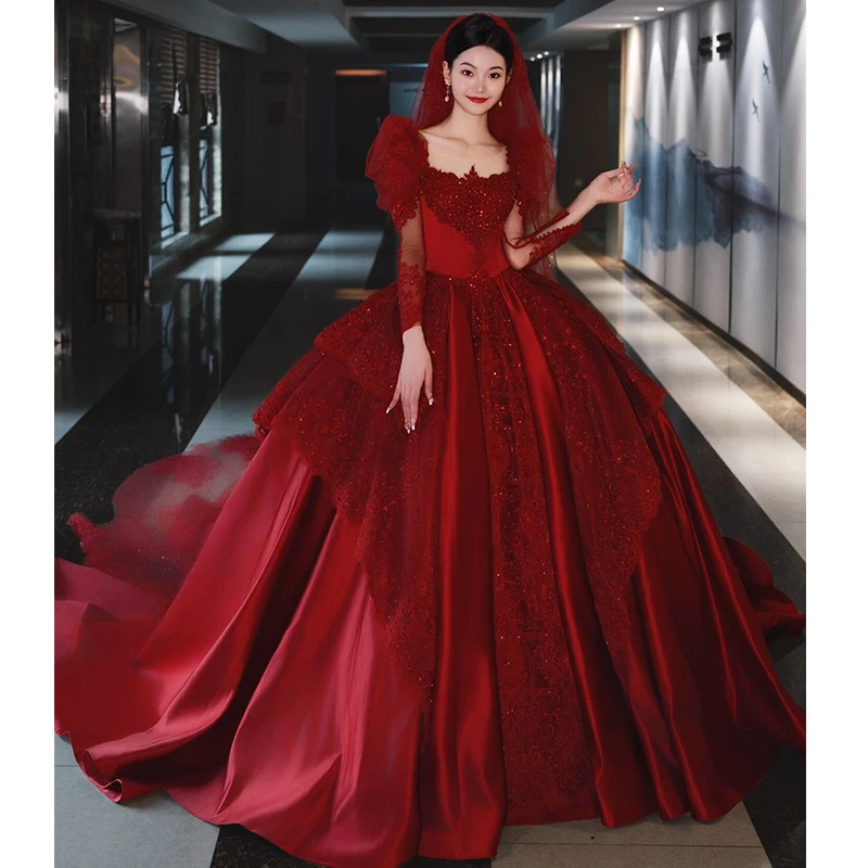 红色主婚纱礼服2025新款新娘2024缎面出门纱重工小个子女长袖复古