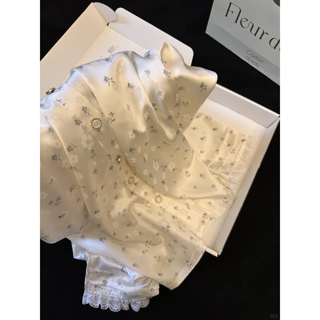 【甜美小碎花】轻奢高级感冰丝长袖睡衣女士套装春夏套装薄款家居服