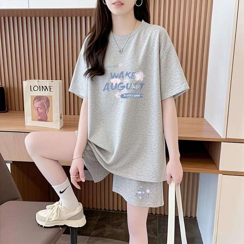 印花短袖t恤套装女大码休闲运动服夏季韩版宽松显瘦短裤两件套女