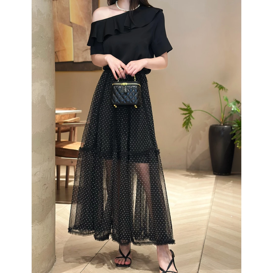 M1680气质百搭半镂空设计显瘦黑色波点半裙 裙长89 款号S56312