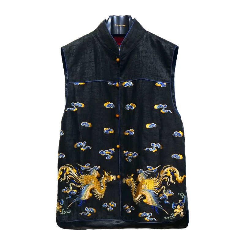 娑尔黑底蓝边双凤祥云刺绣马夹SH3SB02567