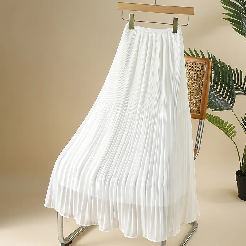 细褶冰感半身裙女夏季新款高腰中长款休闲气质垂感大摆百褶裙长裙