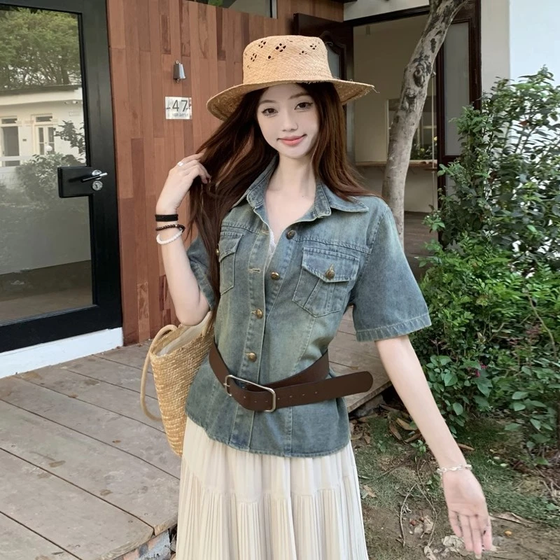港风复古短袖修身牛仔衬衫女夏季腰带收腰小个子短款上衣衬衣外套