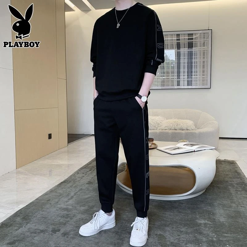 花花公子男士秋季韩版套装休闲运动2025新款黑色长袖男装两件套男