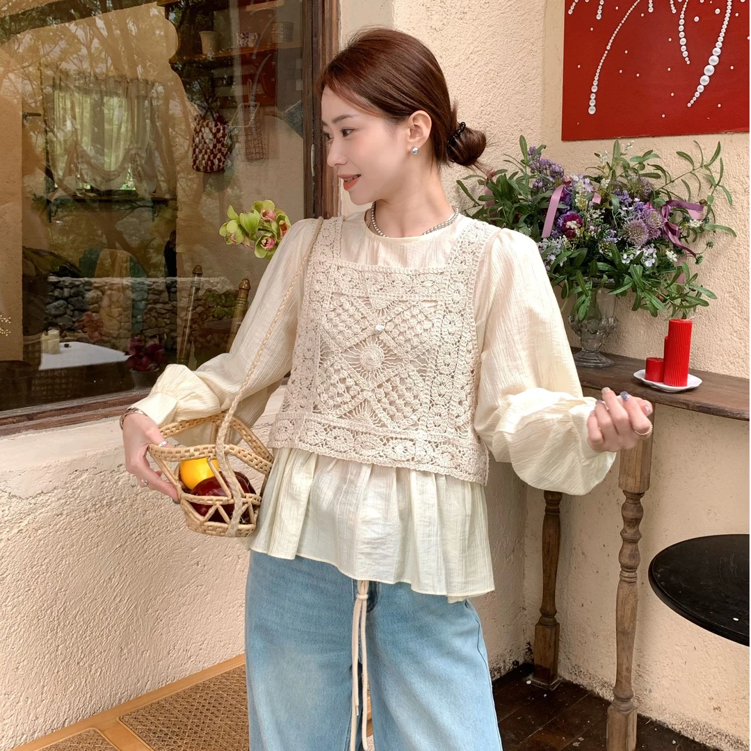SUNCC现货 半亩花田 春季新款INS森系气质温柔清新两件套钩花上衣