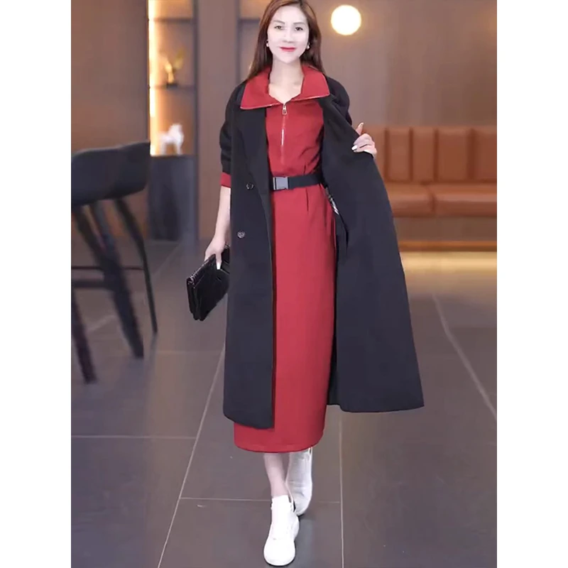 拉夏贝尔休闲立领连衣裙女2025秋新款洋气显瘦收腰气质百搭打底裙