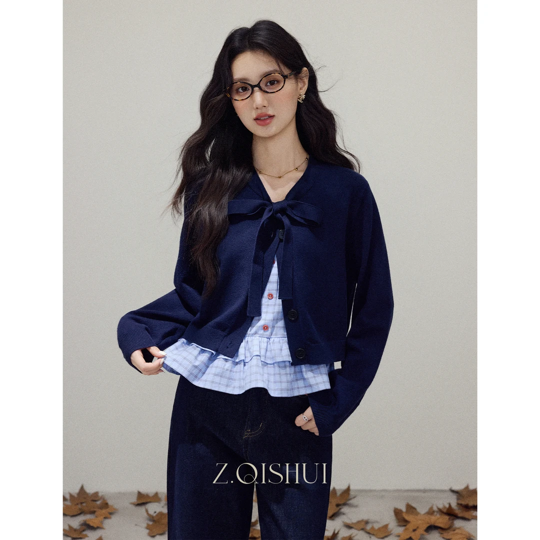 张汽水长袖气质时尚系带针织藏青色设计感假两件毛衣Z17809