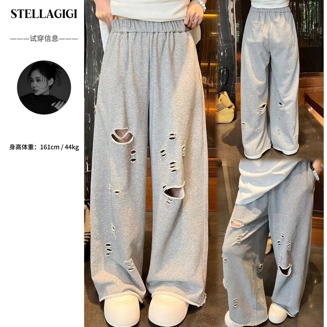 SG / 郭幂幂 SS 极简时髦感！重工破洞烧花卷边直筒卫裤K-20250329