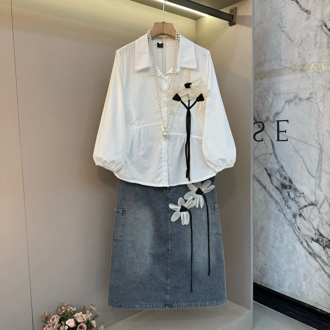 大码女装时夏季新款尚立体刺绣花朵百搭白色衬衫牛仔半身裙两件套