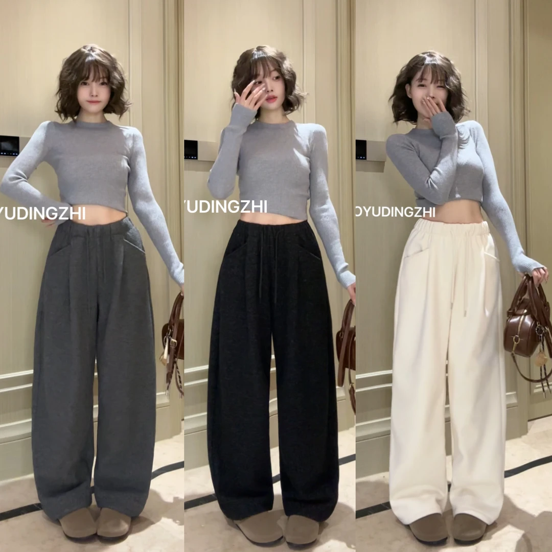 慵懒风云朵绒阔脚裤加绒加厚秋冬新款宽松显瘦韩版高腰弯刀裤001