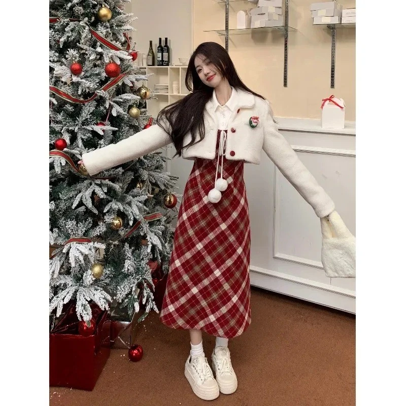 圣诞氛围感穿搭一整套高级感红色小香风套装连衣裙女早春季两件套