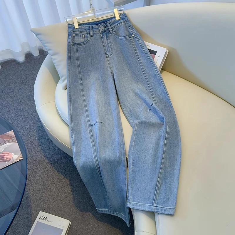 拉夏贝尔弯刀直筒牛仔裤2025春秋显瘦宽松香蕉高腰百搭九分阔腿裤