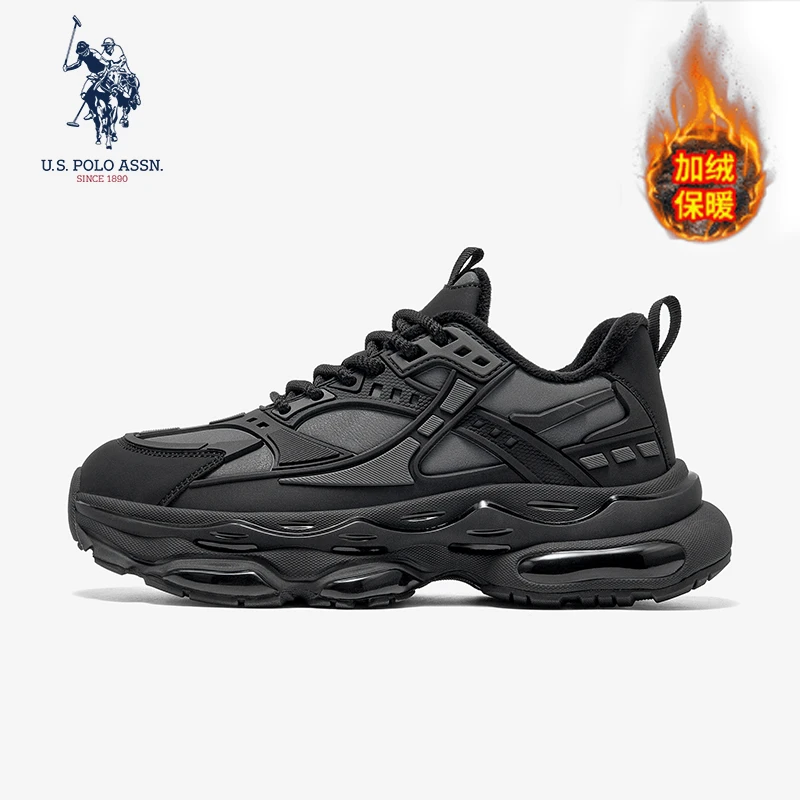 U.S. POLO ASSN.冬季爆款厚底增高老爹鞋防滑男鞋黑色加绒休闲鞋