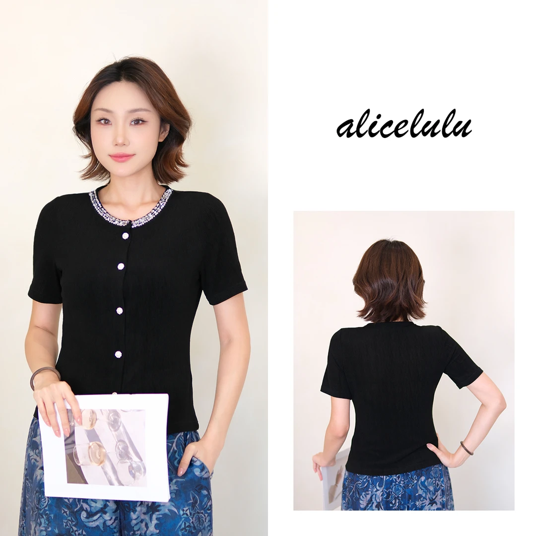 5  alicelulu法式气质高级感圆领钉珠薄款显瘦百搭衬衫 S2143305L