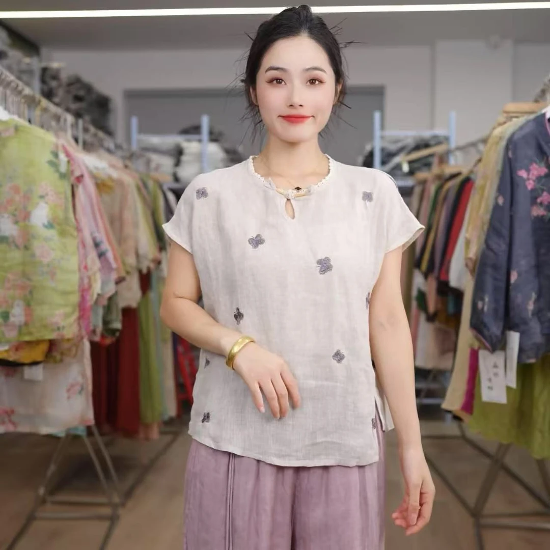 【莹盈】夏季新款气质汉麻小蝴蝶水滴领衬衫5298