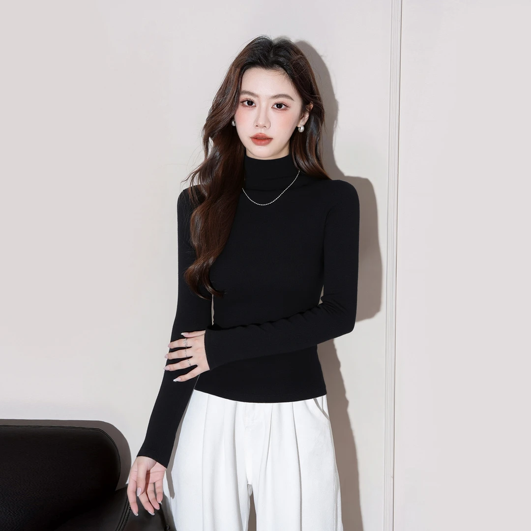 纯色高领螺纹长袖打底衫女春秋冬新款内搭修身百搭洋气长袖女t恤