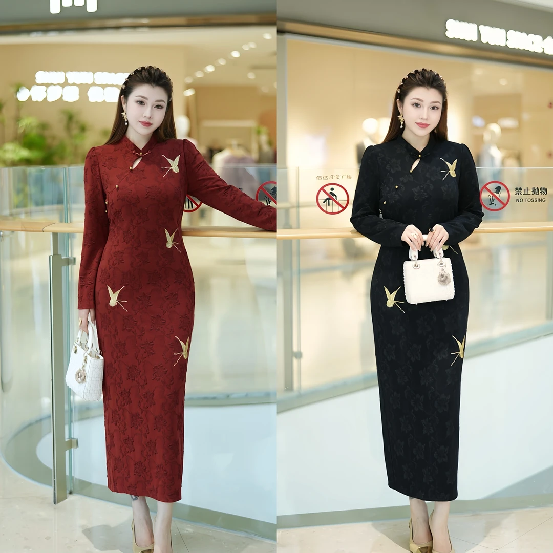 XYD71726中式长袖斜襟提花旗袍订婚大码女装显气质喜妈妈连衣裙