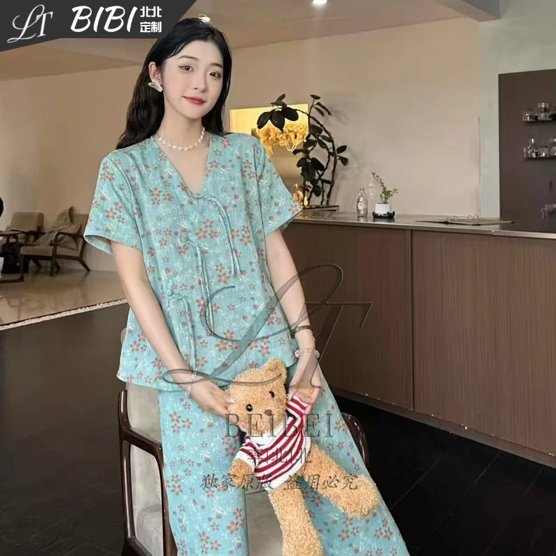 【全棉】夏季双层纱睡衣碎花印花女士舒适短袖九分裤家居服套装1110
