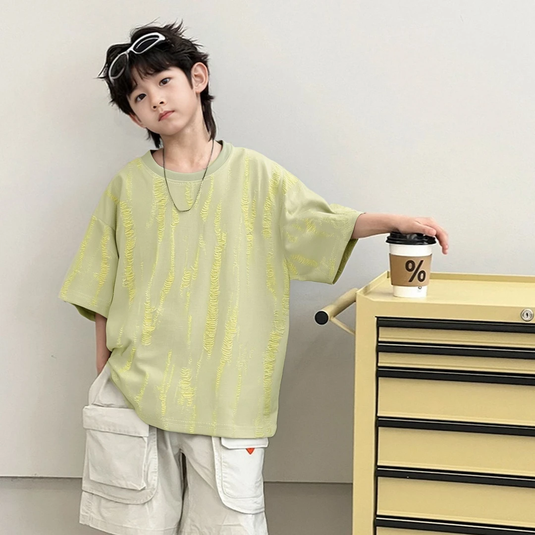 【双纱飞丝】200g重磅男童T恤韩版宽松帅气亲子短袖吸汗透气棉T潮