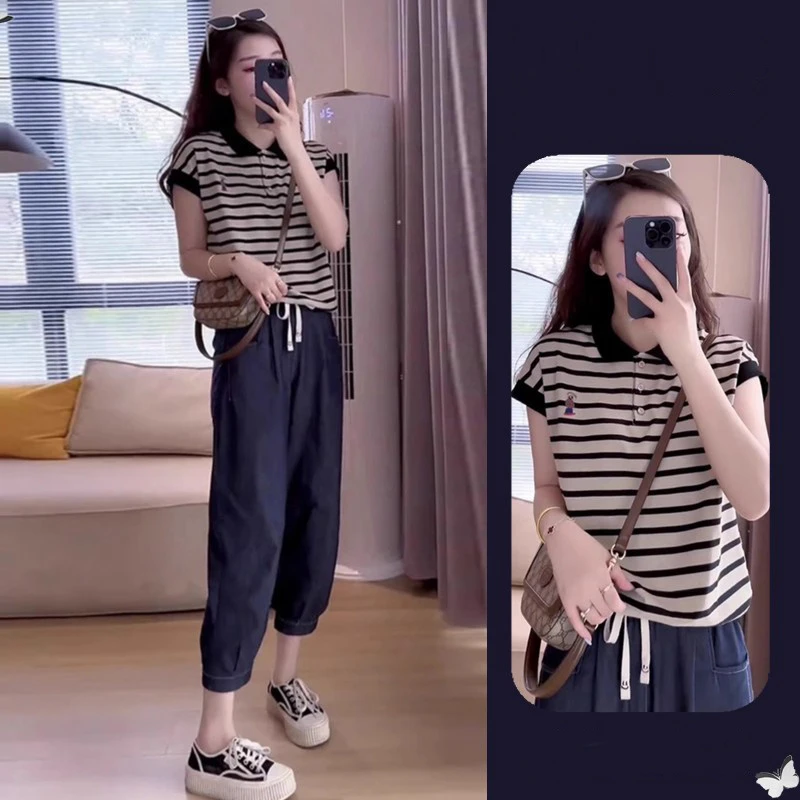 夏季减龄一整套穿搭2025新款POLO领条纹短袖t恤慵懒休闲裤两件套