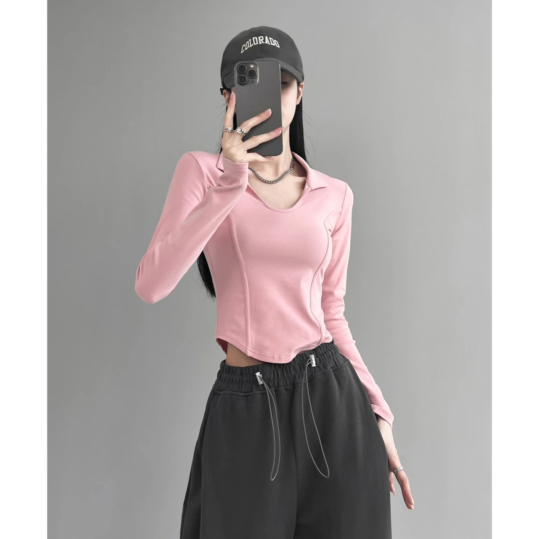 8316#2025春季长袖T恤女弧形显瘦欧美风POLO领打底衫辣妹上衣
