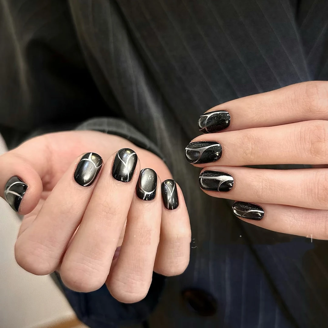 甜酷风手工穿戴甲黑色极简风金属线条玻璃珠猫眼小众高级感穿戴甲