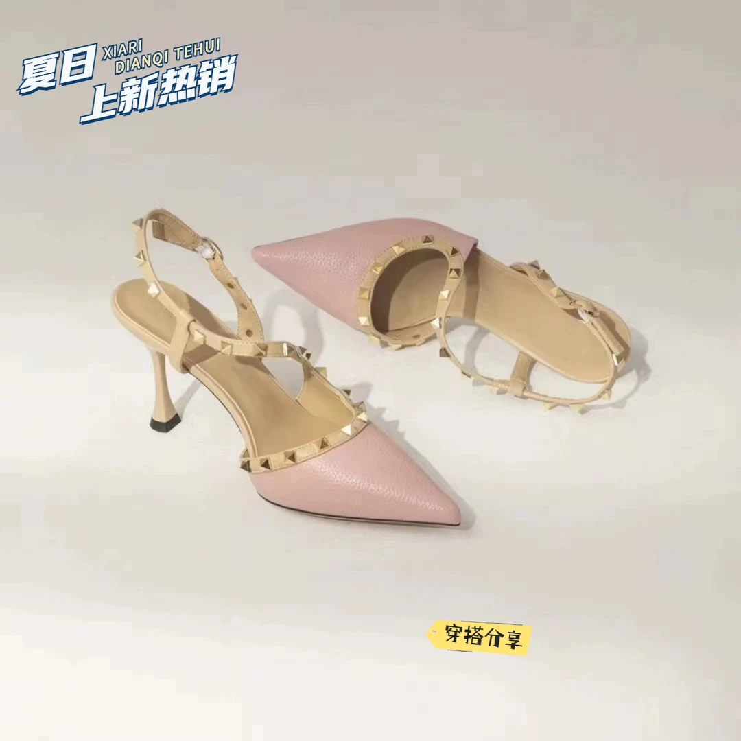5厘米法式小香风清凉高跟鞋新款尖头细跟侧空一字铆钉气质百搭