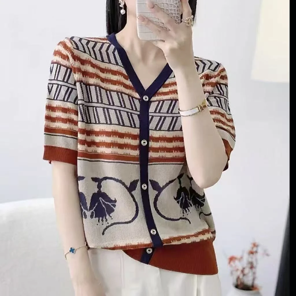 6197【莱赛尔】亚麻针织短袖女夏季新拼色提花T恤半袖上衣