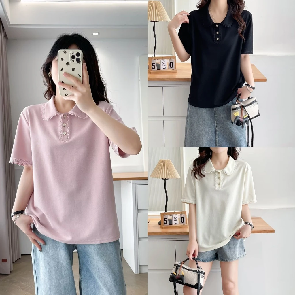 大码胖mm洋气蕾丝花边纯色POLO领短袖T恤女夏季新款宽松显瘦上衣
