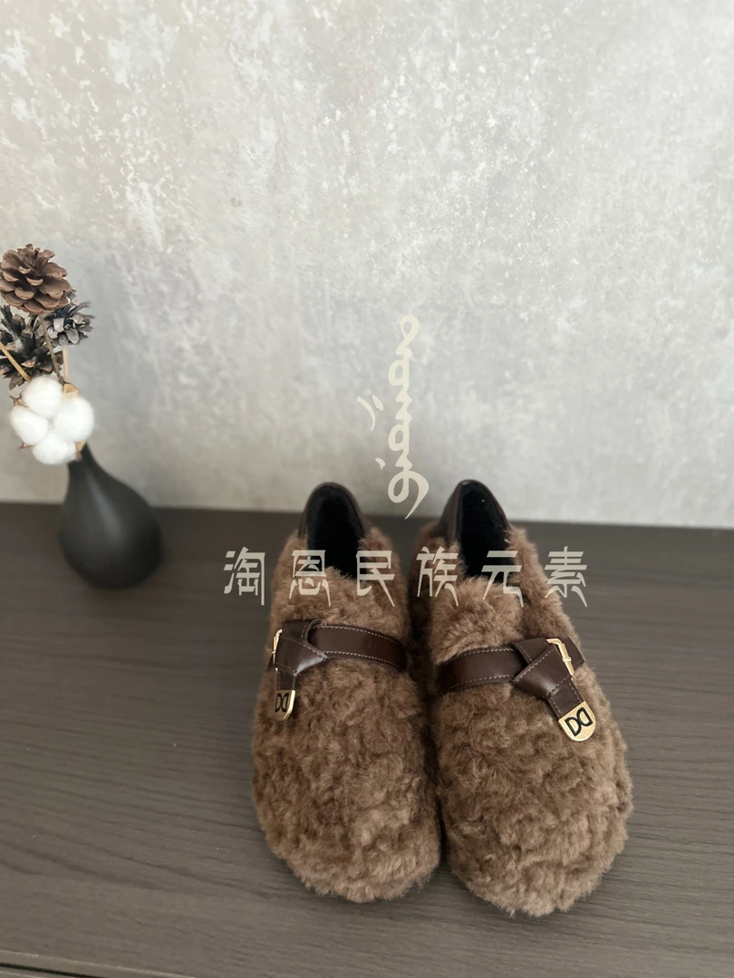 B-002 淘恩民族风加厚款时尚女款一脚蹬羊羔毛勃肯拖鞋