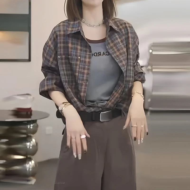 时尚复古高级感格子衬衫女士早秋2025新款气质百搭Polo领长袖衬衣