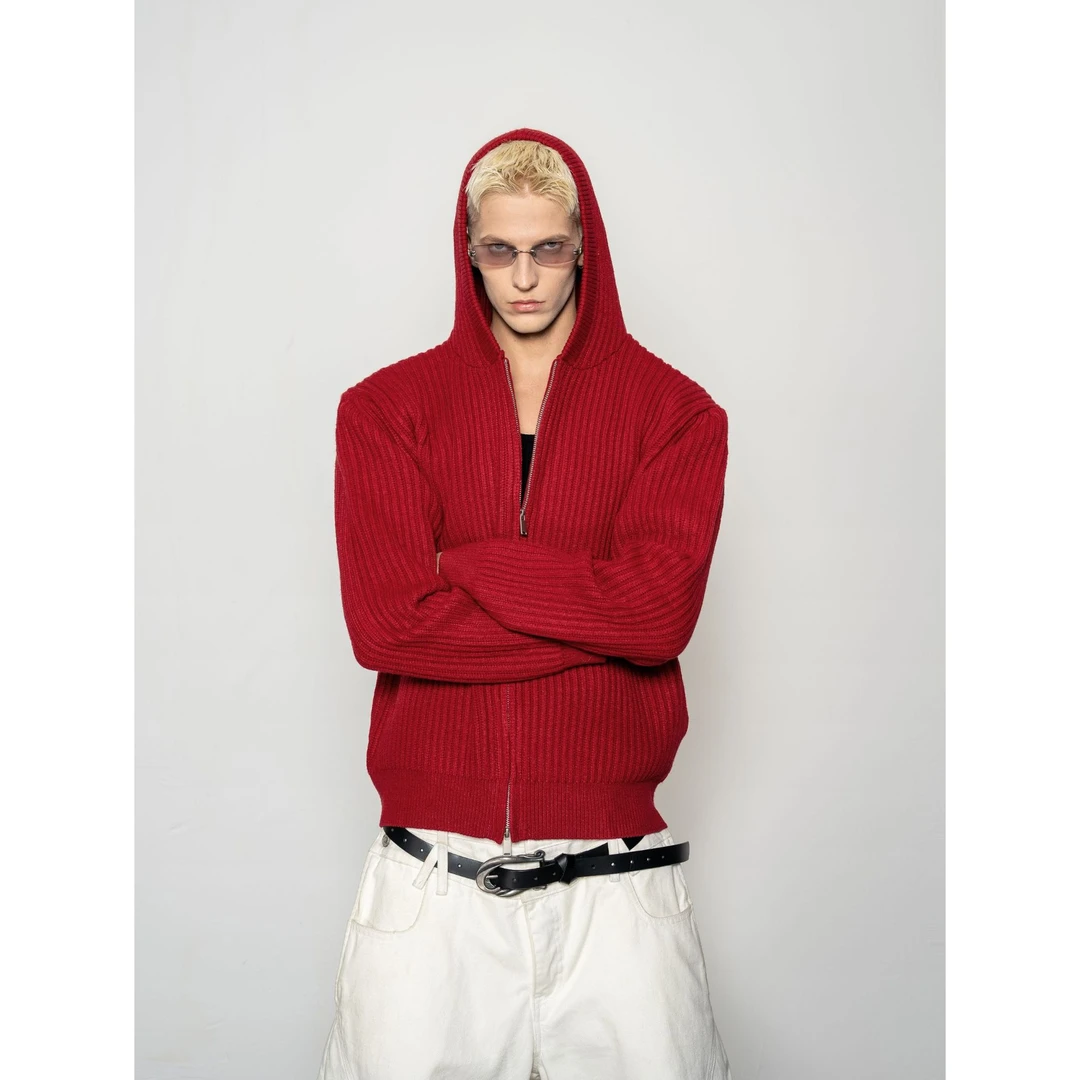 DBW Doublewin经典百搭粗坑条连帽针织开衫男风重磅毛衣外套1330