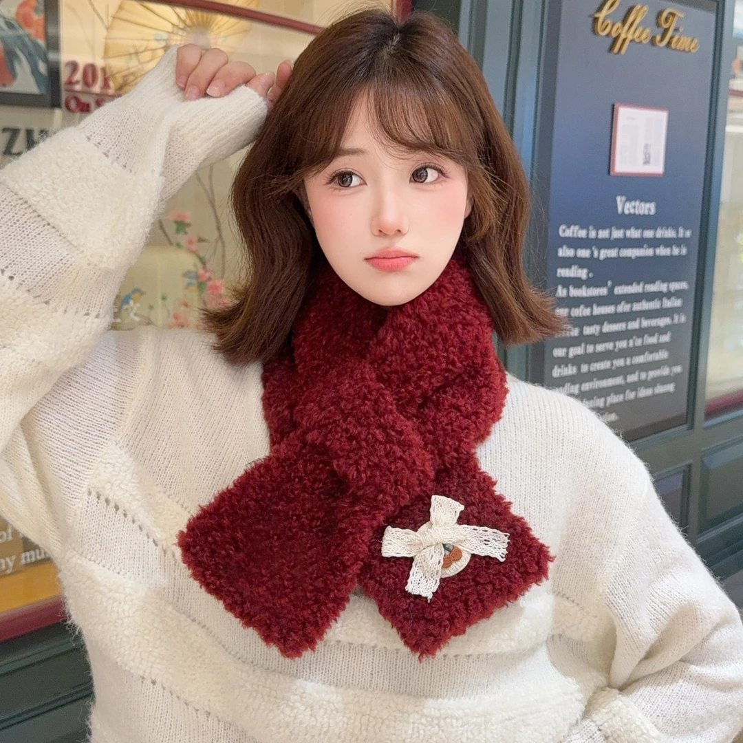 毛领围脖韩版ins可爱交叉围巾甜美女生冬季加厚护颈百搭保暖脖套