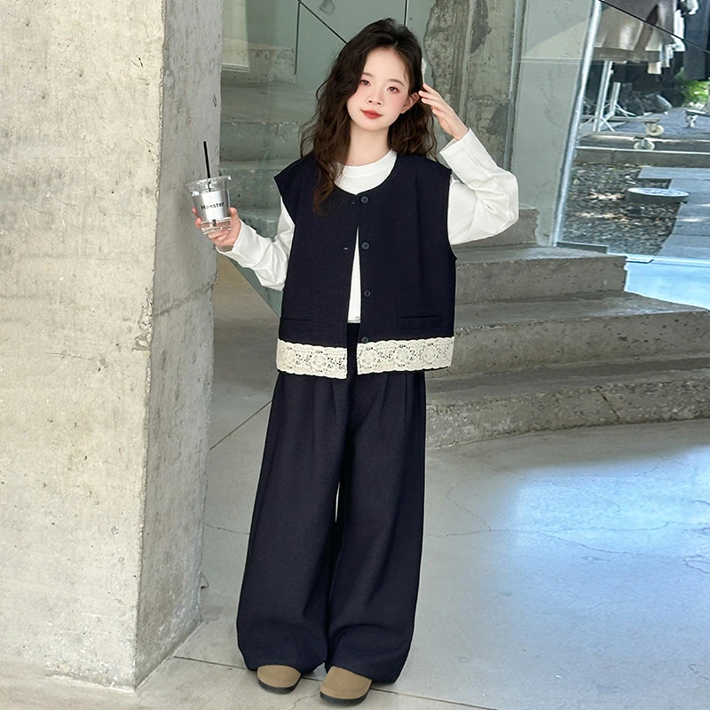 女童马甲阔腿裤三件套秋季2025新款儿童洋气时髦早秋大童秋装套装