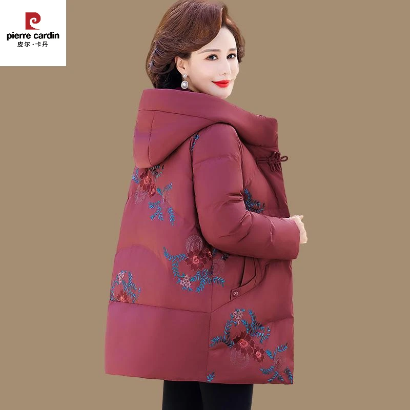 皮尔卡丹妈妈羽绒服女冬季大码绣花洋气休闲连帽加厚中老年保暖白