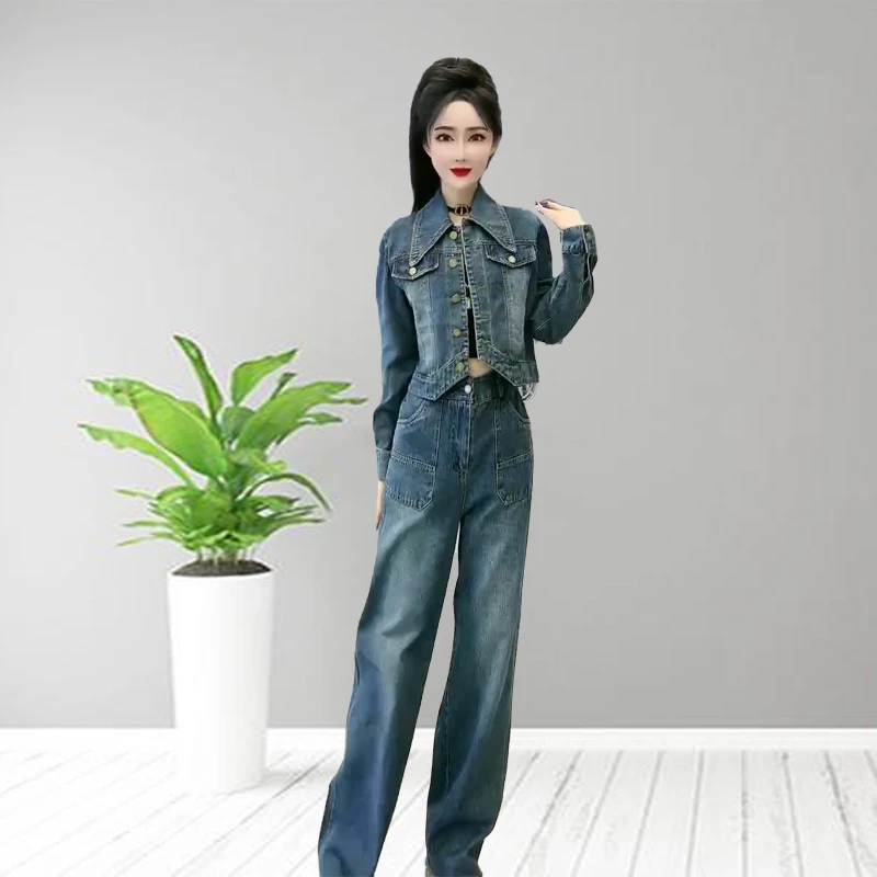 时尚洋气复古牛仔套装68018春秋气质显瘦休闲减龄短款上衣+阔腿裤