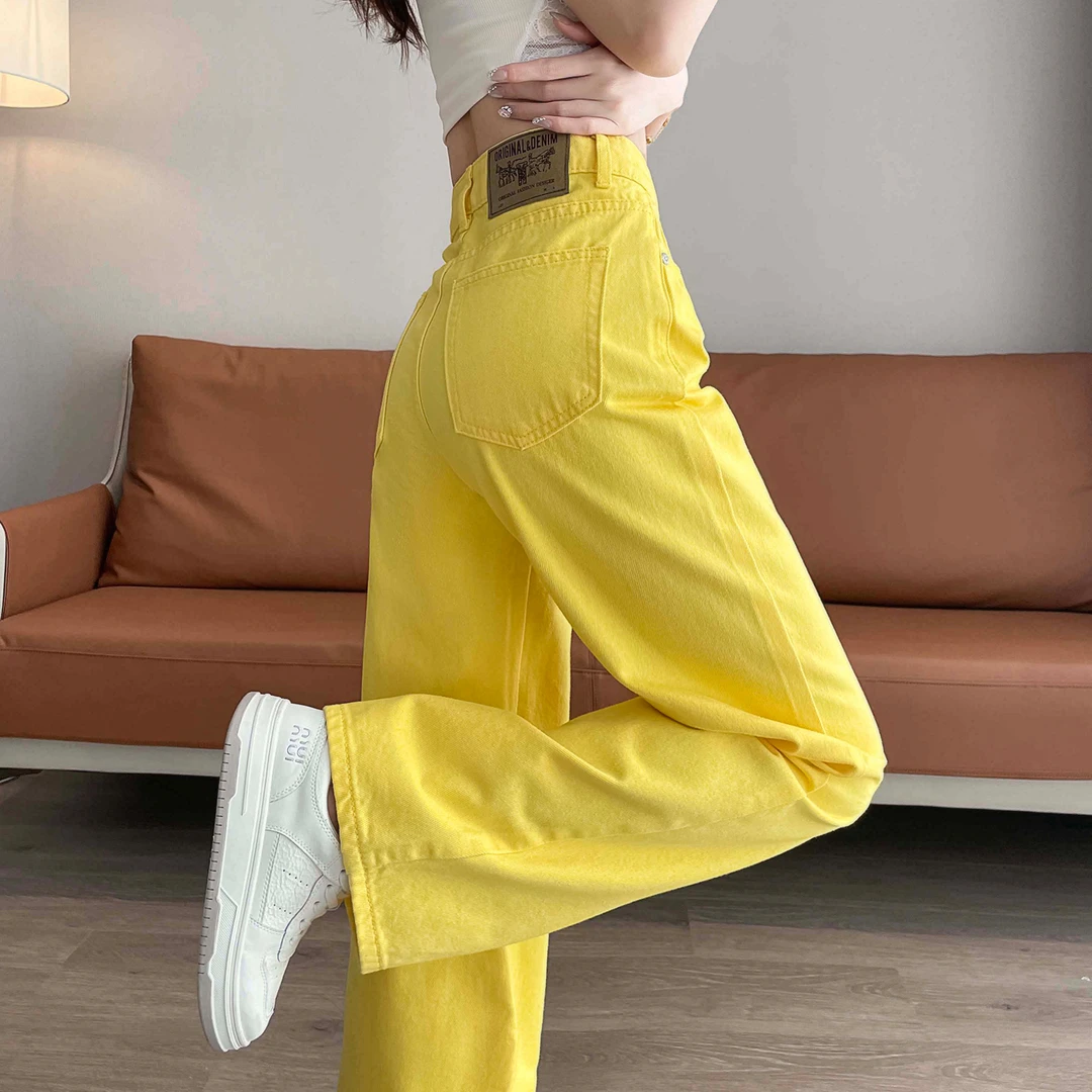 多巴胺黄色直筒牛仔裤不吸腿大码微胖女装秋季高腰窄版阔腿拖地裤