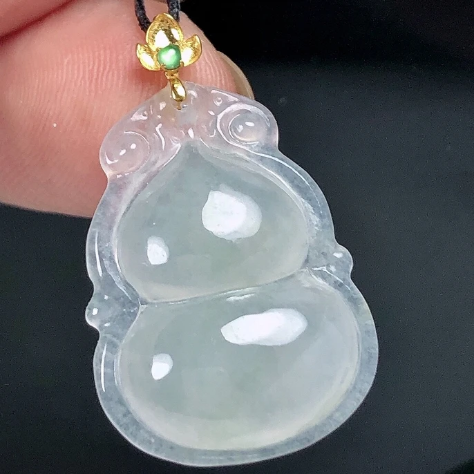 缅甸天然翡翠A货，18K金扣镶嵌老坑冰种起胶葫芦吊坠冰透葫芦玉坠