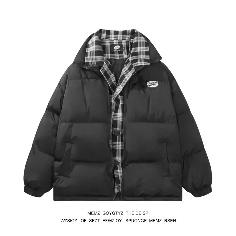 少年冬季韩版小众假两件拼接格子棉服外套男女加厚保暖棉袄面包服