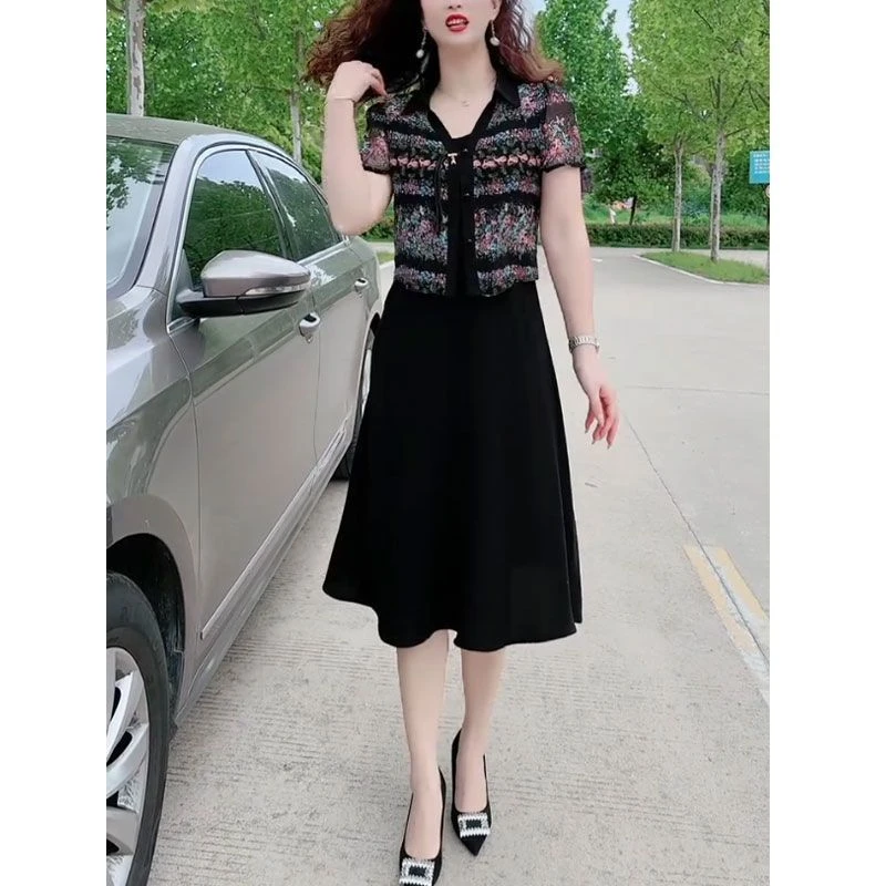 夏新款假两件连衣裙2025时尚百搭遮肚显瘦碎花拼接披肩短袖裙子潮