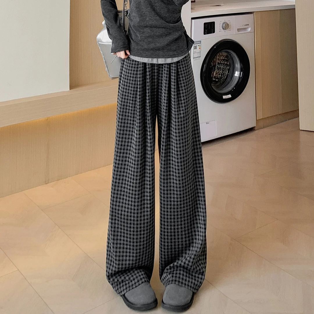 灰黑色复古格子阔腿裤女秋季2025年新款高腰显瘦慵懒风糯米休闲裤