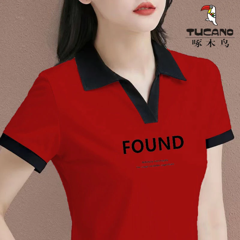 啄木鸟翻领polo衫洋气短袖t恤女宽松显瘦女士气质上衣女拼色T恤